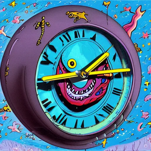 Image similar to misty deepfried hovering space sphere eel monster clock subcompact, by joe jusko and jackson pollock and georgia o'keefee, flat shading, detailed painting, seapunk