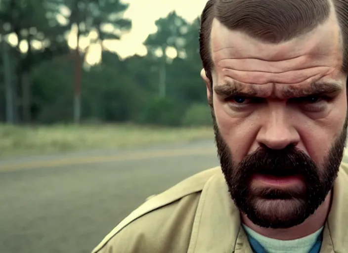 Prompt: film still of jim hopper as dustin henderson in stranger things, 8 k