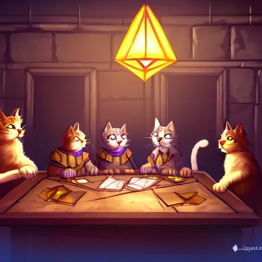 Prompt: a group of cats playing dungeons and dragons around a table in a dark cellar. soft ligthing from candles. dungeon map on the table. concept art, high details. artstation hq