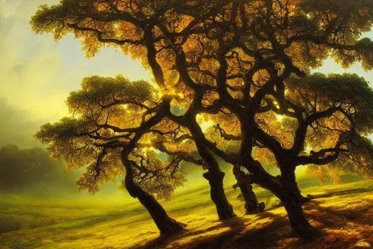 Prompt: masterpiece painting of oak trees on a hillside overlooking a creek, dramatic lighting, by mariusz lewandowski