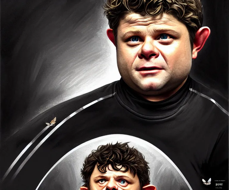 Prompt: a detailed fifty mm portrait of sean astin as a hobbit in a black adidas track suit with white stripes, headshot, highly detailed, digital painting, artstation, concept art, sharp focus, cinematic lighting, illustration, art by met mangindaan, artgerm and greg rutkowski, alphonse mucha, cgsociety