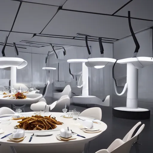 Image similar to three large white glossy kuka industrial robot arms on the floor around a dinner table, the kuka industrial robot arms are wearing bow ties, the table is full of food, they are having dinner inside a posh fine dining restaurant with mid - century modern furniture and decor, global illumination, artstation, fantasy, volumetric light