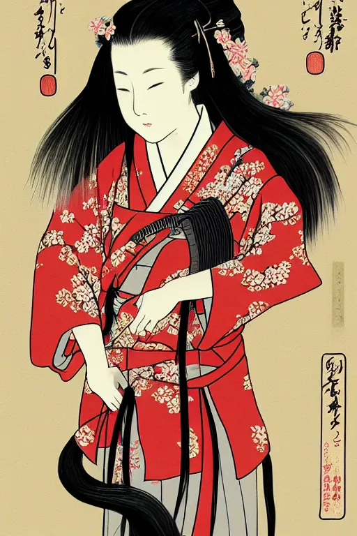 Image similar to portrait of a long haired woman wearing a red kimono playing a biwa in traditional japanese house, feudal japan, delicate, detailed long black hair, detailed flower pattern kimono, elegant, anime key visual, fukaya yuichiro