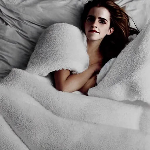 Image similar to emma watson waiting for you in bed at night while smiling shyly, messy hair bedhead, very sleepy and shy, bare shoulders, comforting, covered in big fluffy white blanket, dim cool lighting