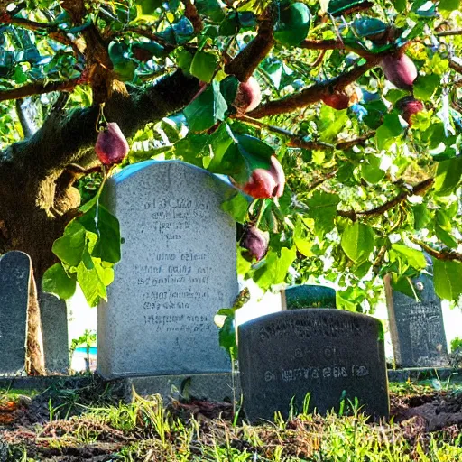 Prompt: a bountiful fig tree growing out of a grave with a defaced tombstone, sunny day, lens flare, colorful, peaceful