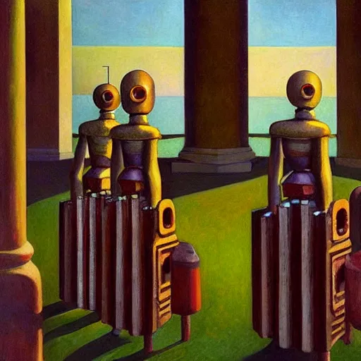 Image similar to robot druids in a grandiose atrium, grant wood, pj crook, edward hopper, oil on canvas