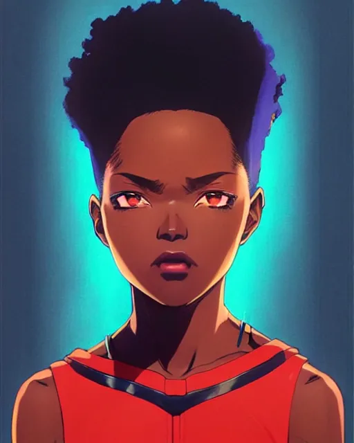 Image similar to black super hero girl | very very anime!!!, fine - face, jill scott, red afro, realistic shaded perfect face, fine details. anime. realistic shaded lighting poster by ilya kuvshinov katsuhiro otomo ghost - in - the - shell, magali villeneuve, artgerm, jeremy lipkin and michael garmash and rob rey