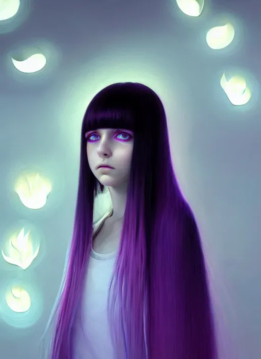 Image similar to hair whitebangs hair, black hair, whitebangs, portrait of teenage girl with white bangs, red irises, purple clothes, white bangs, bangs are different color from hair, intricate, elegant, glowing lights, highly detailed, digital painting, artstation, concept art, smooth, sharp focus, illustration, art by wlop, mars ravelo and greg rutkowski