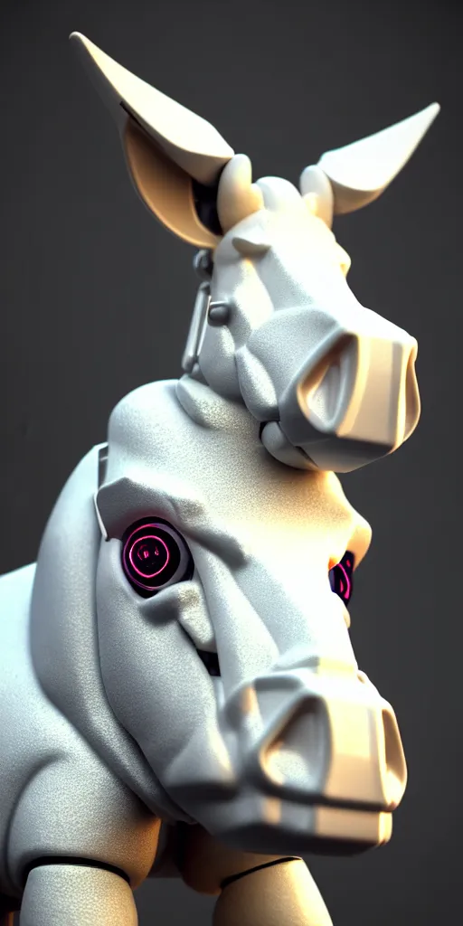 Prompt: hyper detailed ultra sharp portrait of a beautiful fashionable porcelain ivory cyberpunk scifi robo donkey with glowing eyes and steam coming out of the nostrils, up close shot, sharp focus, global illumination, radiant light, black haute couture, alexandre ferra, irakli nadar, octane render, 4 k, ultra hd,