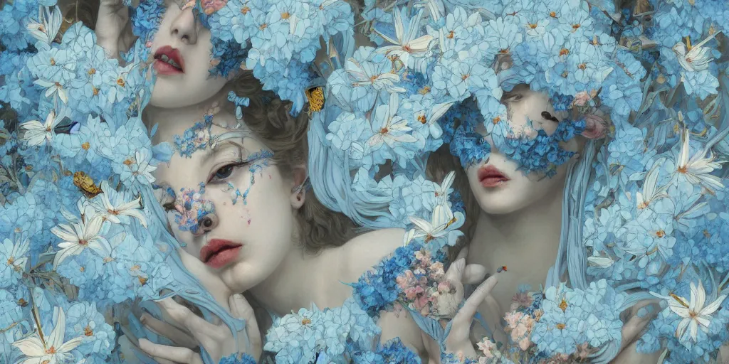 Image similar to breathtaking detailed concept art painting art deco pattern of faces goddesses amalmation light - blue flowers with anxious piercing eyes and blend of flowers and birds, by hsiao - ron cheng and john james audubon, bizarre compositions, exquisite detail, extremely moody lighting, 8 k