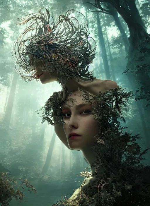 Prompt: beauteous sumptuous biomechanical incredible hair, crystalline masterpiece incrustations, hyperdetailed face, elegant pose, movie still, intricate, octane render, cinematic forest lighting, cgsociety, unreal engine, crepuscular rays, god rays