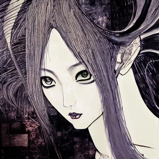 Image similar to yoshitaka amano blurred and dreamy realistic illustration of a japanese woman with black eyes, black lipstick, wavy white hair fluttering in the wind wearing elden ring armor with engraving, abstract patterns in the background, satoshi kon anime, noisy film grain effect, highly detailed, renaissance oil painting, weird portrait angle, blurred lost edges, three quarter view