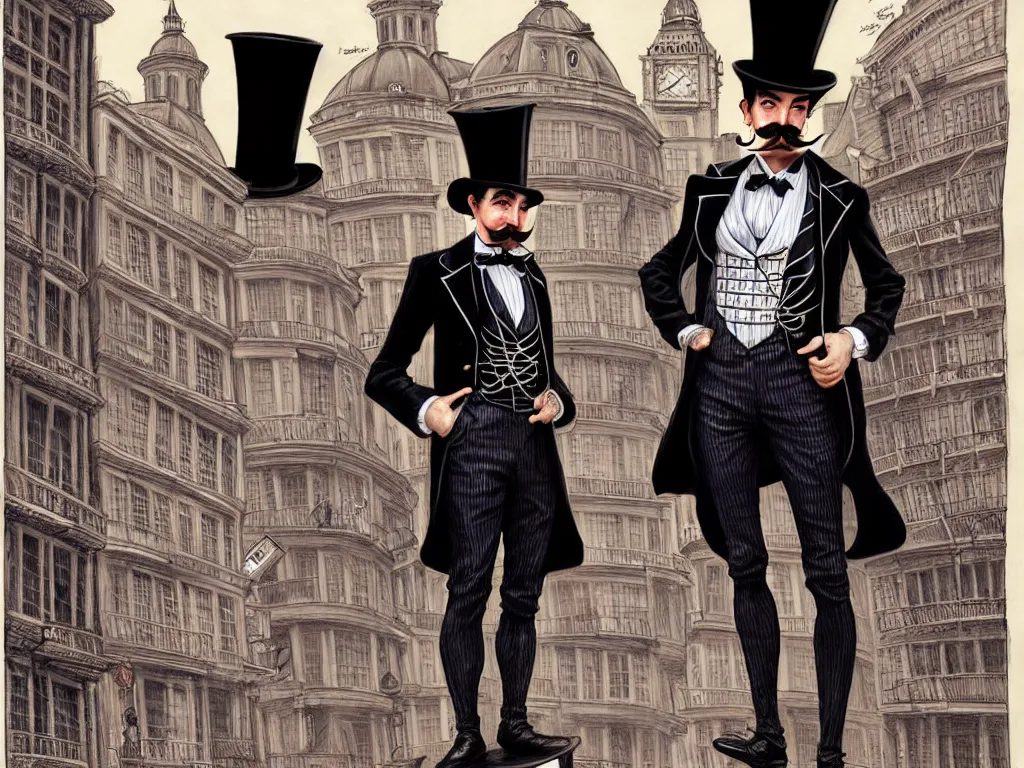 Prompt: suited tophat moustache french duelist gentleman standing on a crowded old london town corner. intricate, vibrant, accurate, refined, vivid inks, portrait concept illustration by greg staples scott m fischer zhenyu liu terese nielsen stanley lau shingo matsunuma.