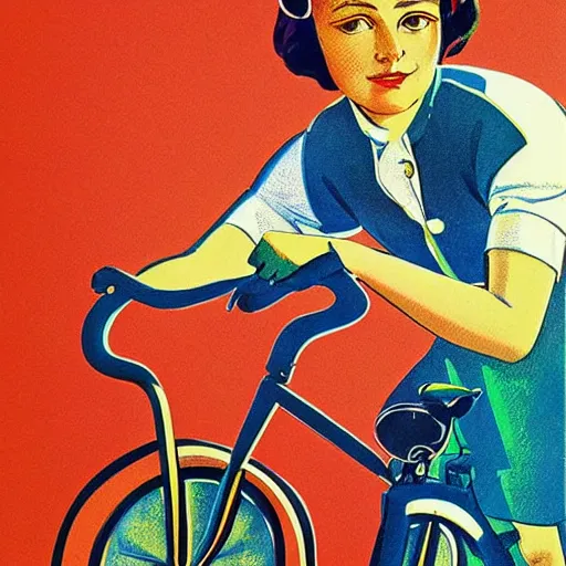 Prompt: portrait of young woman riding a bicycle in summer, soviet propaganda poster, hungarian flag in the background, colored, artgerm, highly detailed