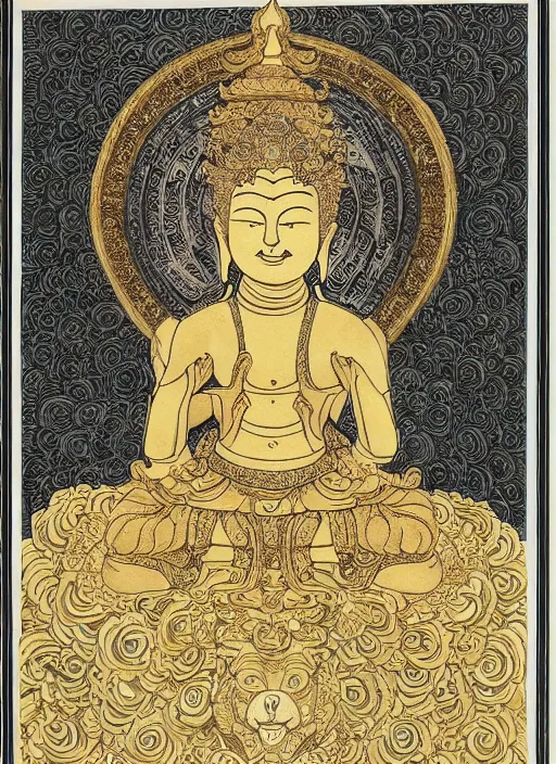 Prompt: detailed pen and ink illustration of a Buddhist bodhisattva with a bears head, anthropomorphic, seated in royal ease, 0.2 black micron pen on white paper, gilded gold halo behind head, highly detailed, fine pen work, white background, in the style of Olivia Kemp