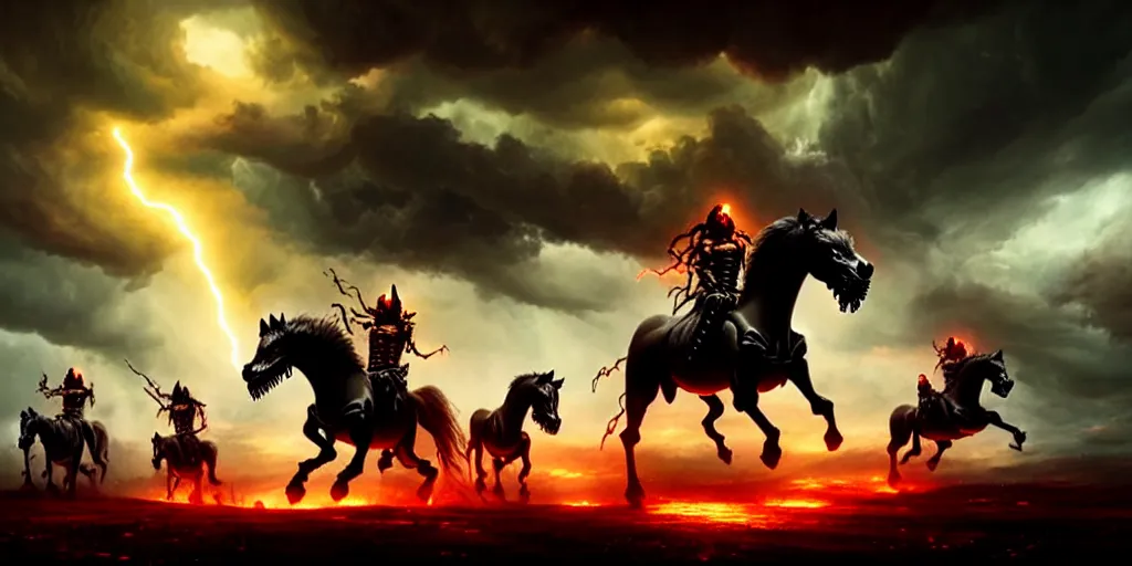 Image similar to ”four horsemen of the apocalypse riding skeleton horses towards the camera [epic, cinematic, scary, intimidating, horror, war, battle, hell, storm clouds, lightning, octane render, 8k, mattepainting, art by wlop and paul lehr and greg rutkowski]”