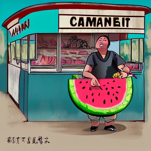 Image similar to In front of a watermelon stall near the street, a pockmarked Chinese fat guy, with a cigarette in his mouth, looked at you contemptuously,digital art,trending on artstation.