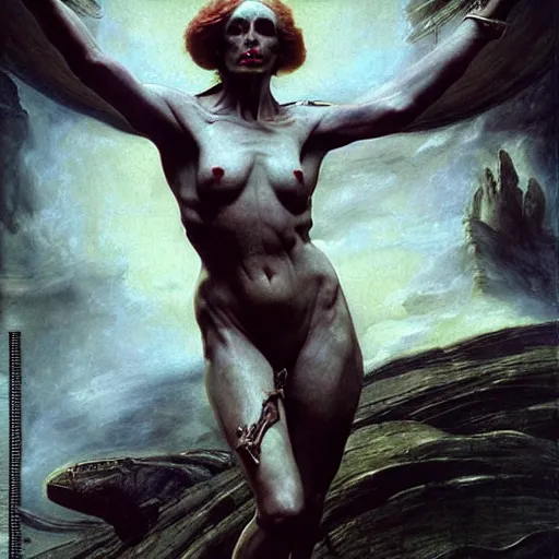 Image similar to still frame from Prometheus movie, Slaanesh succubus godess editorial by wayne barlowe by caravaggio by giger by malczewski