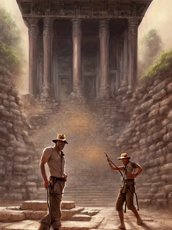 Image similar to indiana jones standing in front of an ancient temple, digital painting, extremely detailed, 4 k, intricate, brush strokes, mark arian, artgerm, bastien lecouffe - deharme