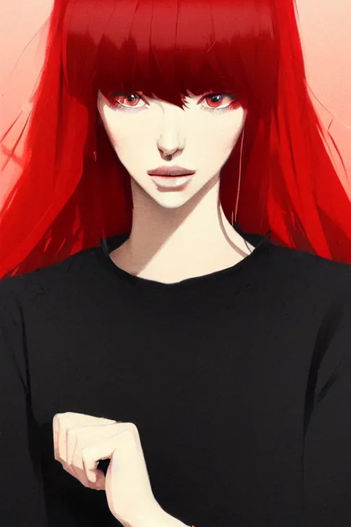 Image similar to a ultradetailed beautiful portrait panting of a stylish woman with red bangs, she is wearing a black dress, by conrad roset, greg rutkowski and makoto shinkai, trending on artstation