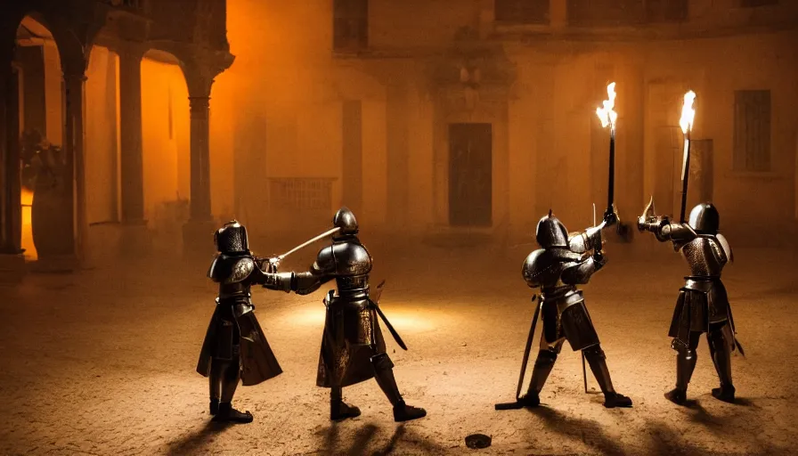 Prompt: A wide shot of two knights in armour duelling in a courtyard at evening. Torches glow in the background. Bokeh, fog, cinematography.