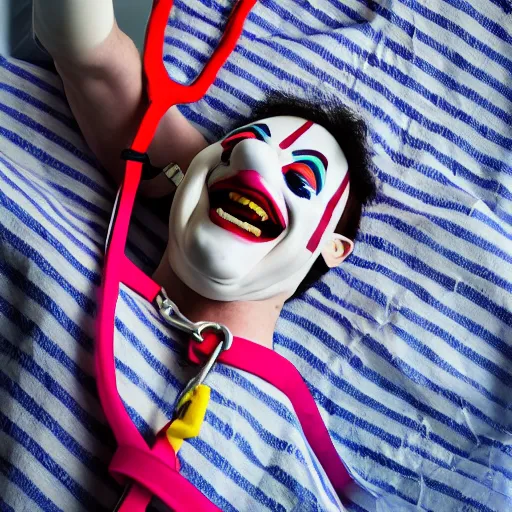 Image similar to confused laughing clown lying in hospital bed with wrist restraints on, restraints have fabric straps attached to hospital bed, photograph, 8 k