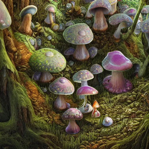 Image similar to Close up hyper detailed fantasy mushroom elf elves in the forest digital art, 4k, artstation deviantart concept art studio lighting by jacek yerka, alex gray, zdzisław beksiński, dariusz zawadzki, jeffrey smith and h.r. giger, oil on canvas, 8k highly professionally detailed, trending on artstation