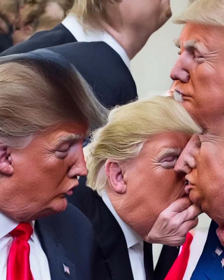 Image similar to high quality photo of donald trump kissing donald trump. donald trump kissing donald trump. donald trump kissing donald trump. donald trump and donald trump kissing. award winning. hq. hd. brilliant. funny