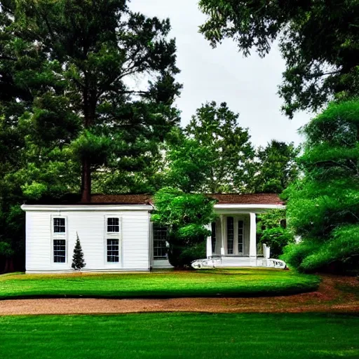 Image similar to A small white house with the long gravel driveway and lush green lawn with pine trees the backyard has lots of trees very artistic painting