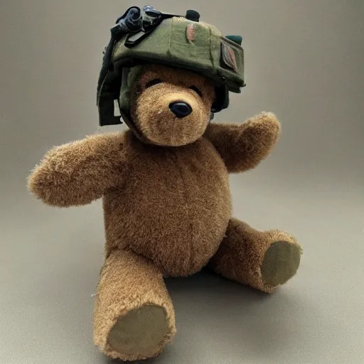 Prompt: a realistic photo shoot of a teddy bear marine soldier 4 k