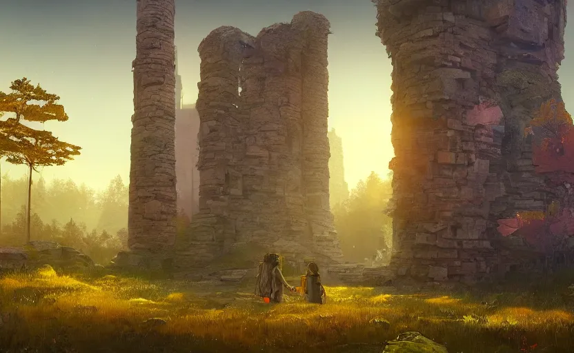 Prompt: A landscape with a giant stone brick tower with pillars on top at sunset, forest, magical portal, cyberpunk, glowing runes, Low level, rendered by Beeple, Makoto Shinkai, syd meade, simon stålenhag, environment concept, synthwave style, digital art, unreal engine, WLOP, trending on artstation, 4K UHD image, octane render,