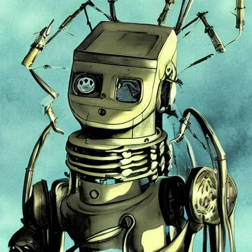 Image similar to a fullmetal wired robot is reading the intimate diary of sophia aeon, by dave mckean
