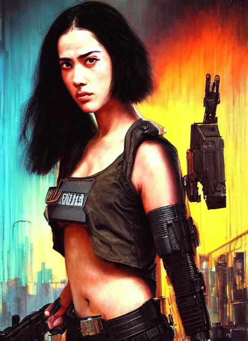 Image similar to laura matsuda. cyberpunk police trooper in a military vest ( blade runner 2 0 4 9, cyberpunk 2 0 7 7 ). orientalist portrait by john william waterhouse and james gurney and theodore ralli and nasreddine dinet, oil on canvas. cinematic, hyper realism, realistic proportions, dramatic lighting, high detail 4 k