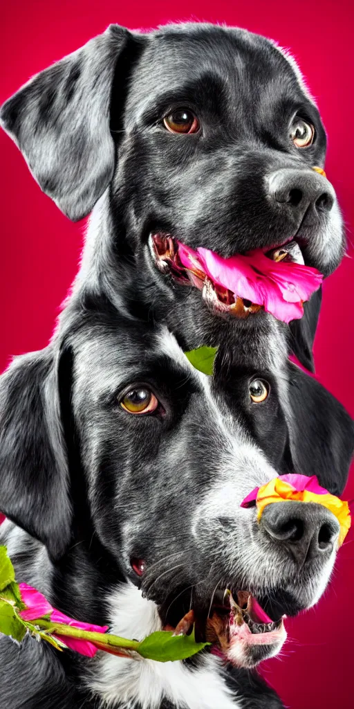 Image similar to black dog holding rose in his mouth, bright green eyes, studio lighting, 4 k, realistic, chromatic abberation, global illumination