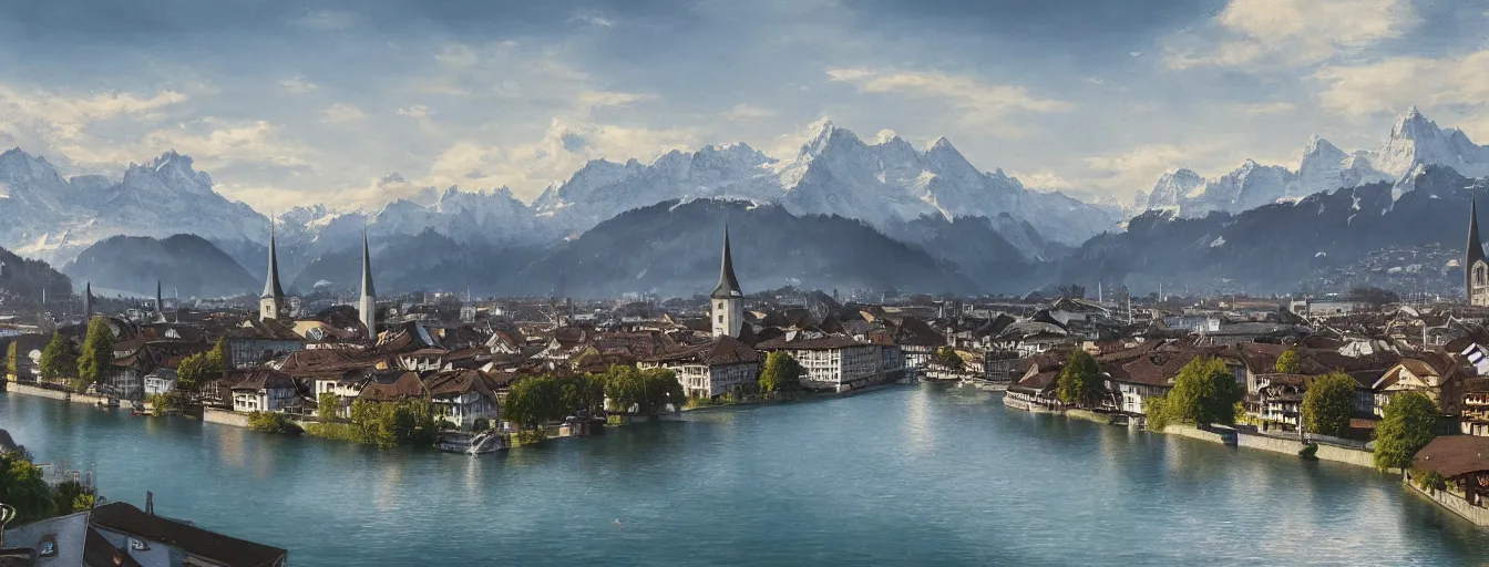 Image similar to Digital painting of Zurich, Limmat and the lake, wide angle, volumetric light, caribean water, hyperdetailed, Alps in the background, artstation, cgsociety, 8k