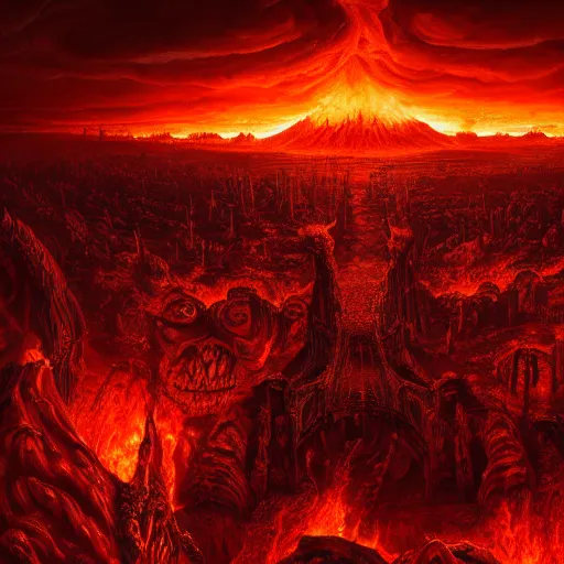 Prompt: a fiery hellscape, in style of Doom, in style of Midjourney, insanely detailed and intricate, golden ratio, elegant, ornate, unfathomable horror, elite, ominous, haunting, matte painting, cinematic, cgsociety, Andreas Marschall, James jean, Noah Bradley, Darius Zawadzki, vivid and vibrant