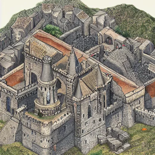 Image similar to an isometric view of medieval castle in the middle of england, illustration, art, hyper detailed