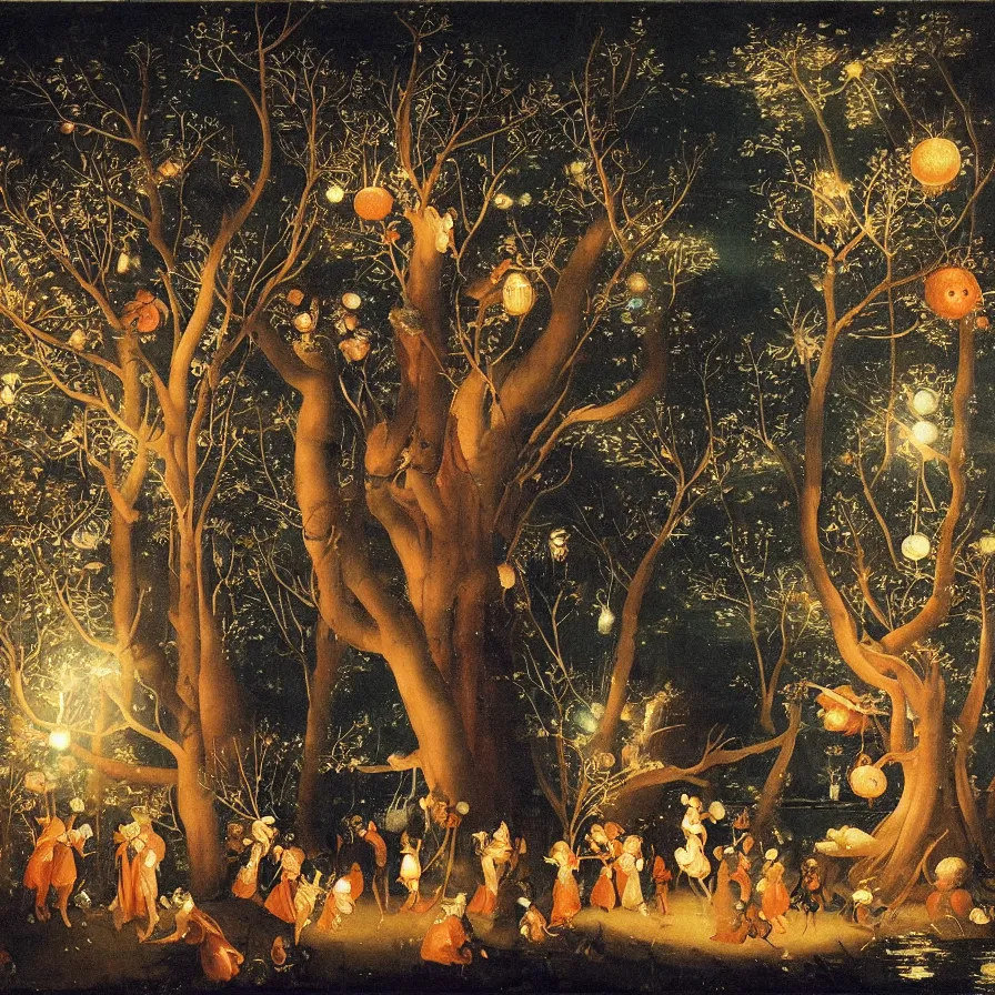 Image similar to renaissance painting of a night carnival around a magical tree cavity, with a surreal orange moonlight and fireworks in the background, next to a lake with iridiscent water, christmas lights, folklore animals and people disguised as fantastic creatures in a magical forest by summer night, masterpiece painted by koson ohara, scene by night, dark night environment, refraction lights, glares