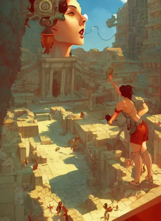 Prompt: a flourishing roman city, glorious, epic scene, beautiful, pools, vegetation, in the style of artgerm, gerald brom, atey ghailan and mike mignola, vibrant colors and hard shadows and strong rim light, plain background, comic cover art, trending on artstation