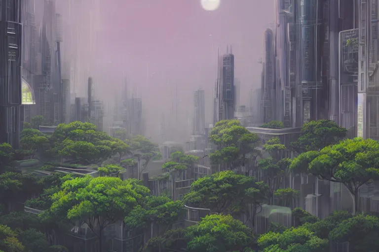 Image similar to futuristic city, lush vegetation, humid, early evening, diagonal view, geometric buildings, cloudy, beautiful, dull pastel colors, realistic, foggy, dreamy, nostalgic, bright, studio ghibli style