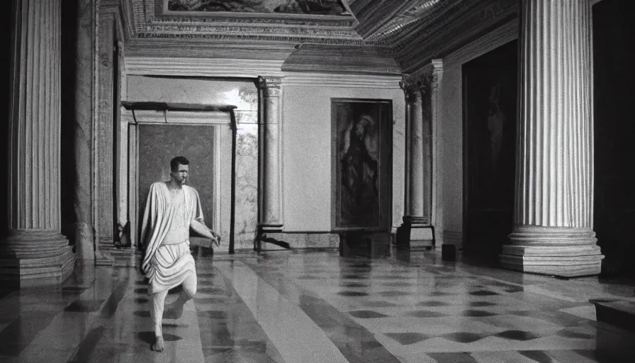 Prompt: movie still by of emperor caligula murdered by senators blood in a neoclassical room, cinestill 8 0 0 t 3 5 mm b & w, high quality, heavy grain, high detail, dramatic light, ultra wide lens, anamorphic