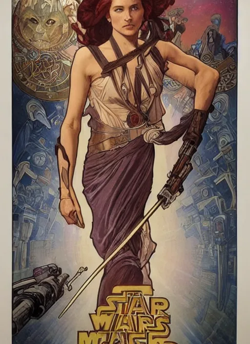 Image similar to movie poster by iain mccaig and magali villeneuve and drew struzan and alphonse mucha, a very beautiful!!!! woman jedi master, highly detailed. star wars original trilogy, she is about 2 0 years old, wearing jedi robes.