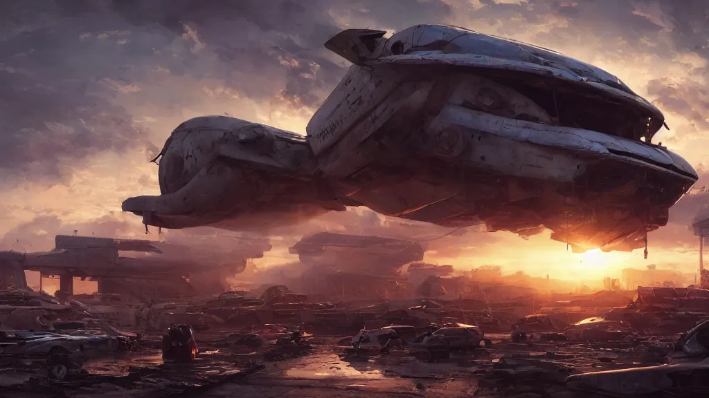 Prompt: a photorealistic hyperrealistic render of a gigantic spaceship landing at a junkyard by greg rutkowski, vitaly bugarov, stephan martiniere, nicolas bouvier sparth, james paick, dramatic moody sunset lighting, long shadows, volumetric, cinematic atmosphere, octane render, artstation, 8 k