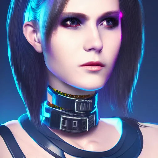 Image similar to headshot portrait of cyberpunk woman wearing thick steel choker around neck, 4K, detailed face, collar on neck, realistic, artstation, cyberpunk style, neon,