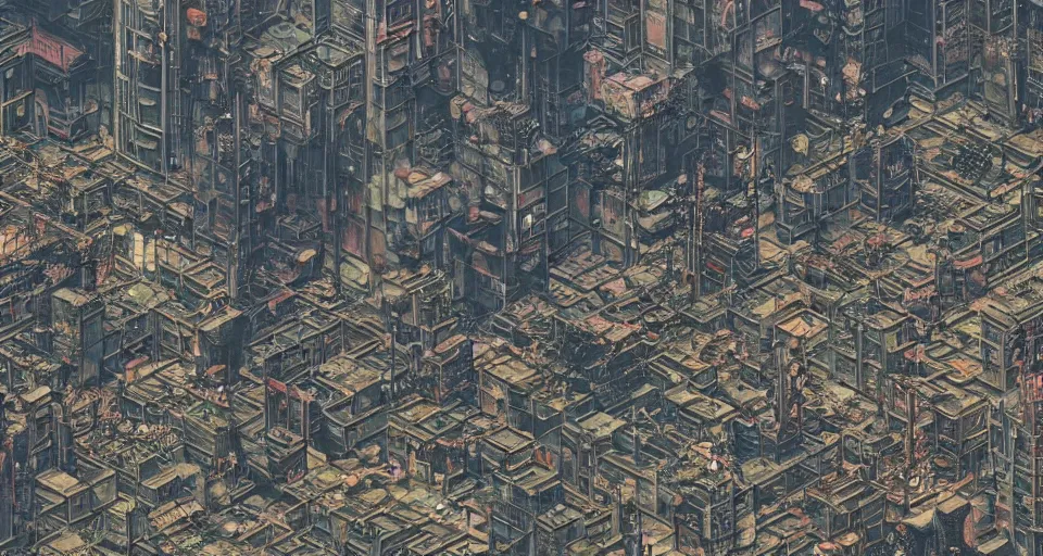 Prompt: Cyberpunk space colony, Kowloon walled city style