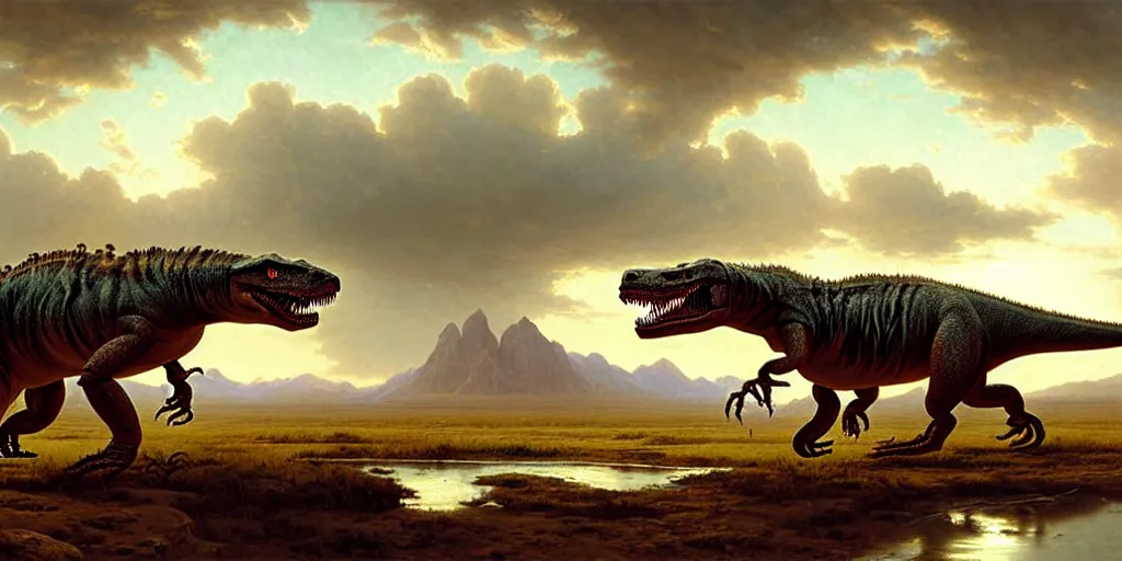 Image similar to a singe t - rex is crossing american plains with a small riverbed, mountaineous background, cloudy day, highly detailed, digital art, by greg rutkowski, by albert bierstadt
