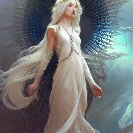 Image similar to goddess, white hair, long hair, hands open for a hug, intricate, elegant, ethereal, highly detailed, digital painting, artstation, concept art, smooth, sharp focus, illustration, art by artgerm and greg rutkowski and alphonse mucha