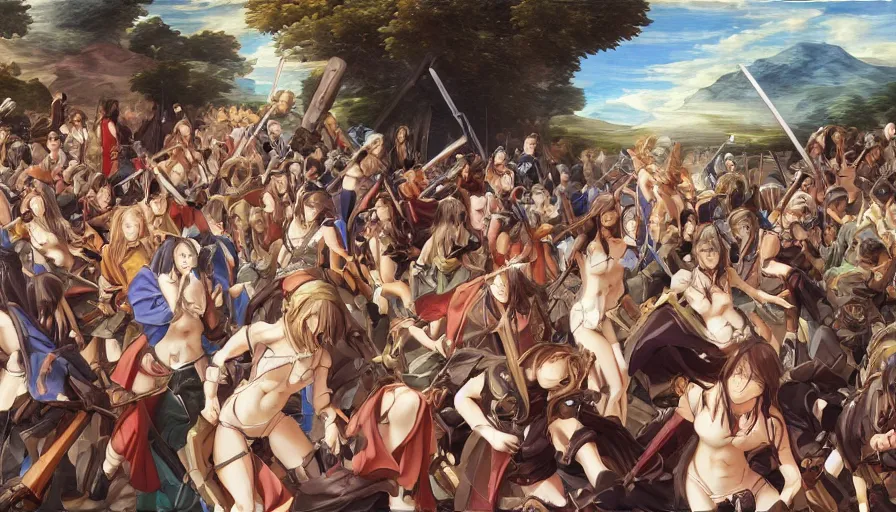 Image similar to jesus christ our lord leading an army of anime girls into battle, photorealistic, anime, mini skirt, long hair, renaissance painting, hyper real, detailed, wide angle shot, ultra detailed