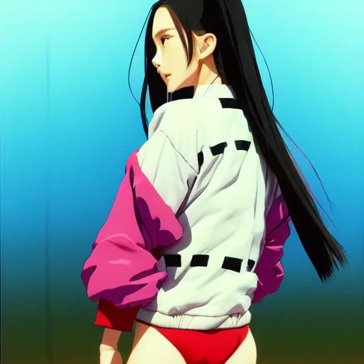 Image similar to a beautiful japanese natalie portman gravure model, wearing oversized native designer bomber jacket and leotard, bulky poofy bomber jacket with mesoamerican patterns, mesoamerican native street fashion, gapmoe yandere grimdark, trending on pixiv fanbox, painted by greg rutkowski makoto shinkai takashi takeuchi studio ghibli, akihiko yoshida