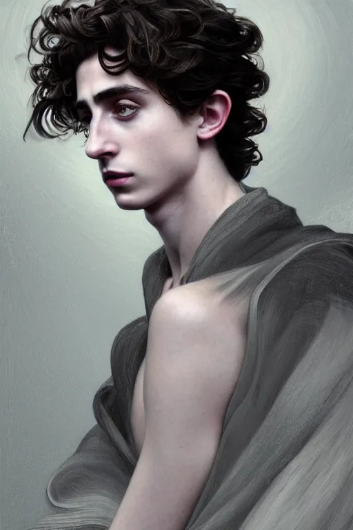 Image similar to portrait of timothee chalamet as dream of the endless, the sandman, grey clothes, in persian temple wet night, sci - fi and fantasy, intricate and very very beautiful and elegant, highly detailed, digital painting, artstation, concept art, smooth and sharp focus, illustration, art by tian zi and wlop and alphonse mucha